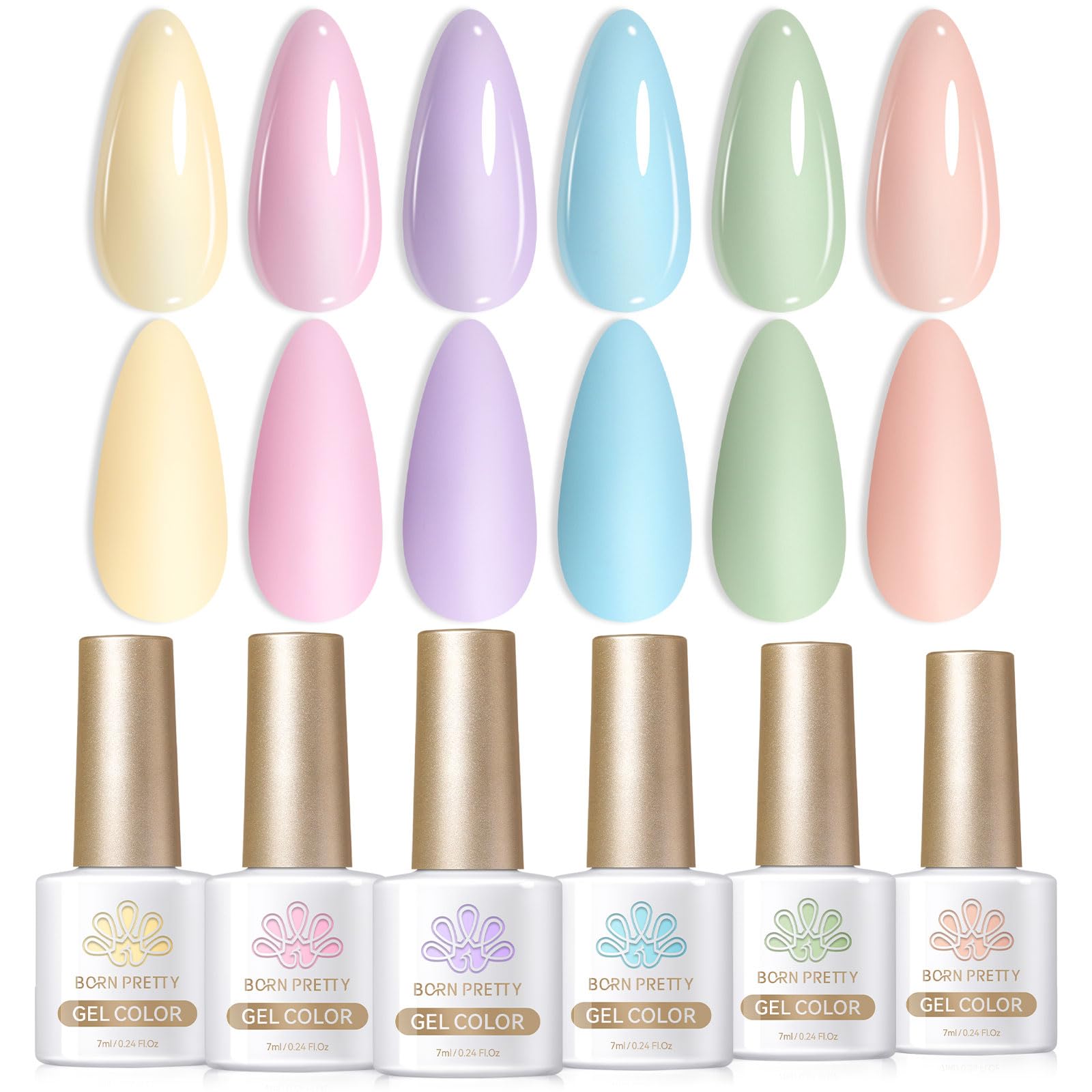 Born Pretty front packaging showing six pastel gel bottles, attractive gift presentation