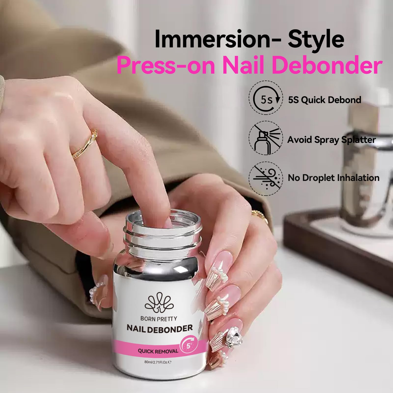 Born Pretty remover applied under a press-on nail in use, fast safe removal benefit