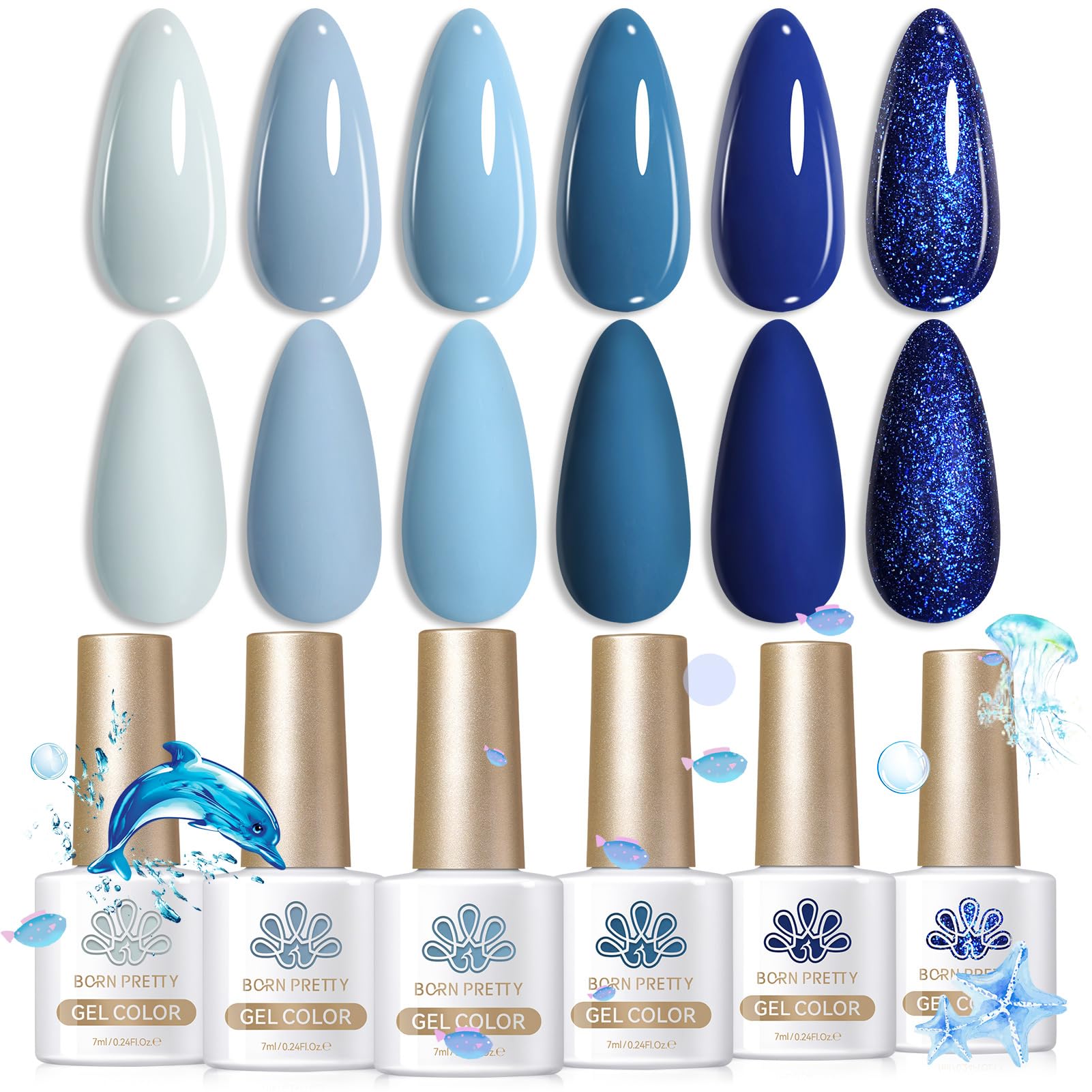 Born Pretty arranged shades from baby blue to navy showing color variety