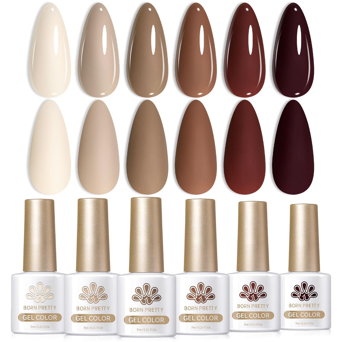 Born Pretty six-bottle set front view showing neutral brown variety and convenience