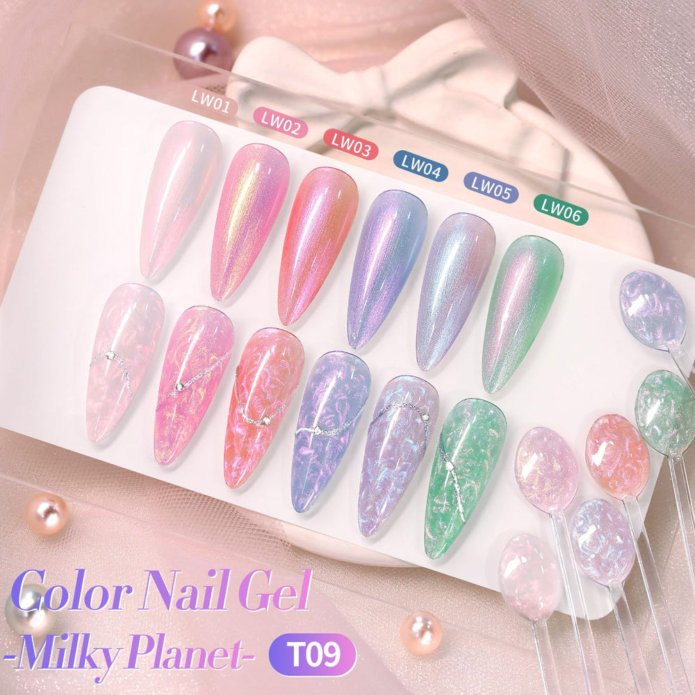 Born Pretty six bottles arranged to display each iridescent pearl shade for color choice benefit