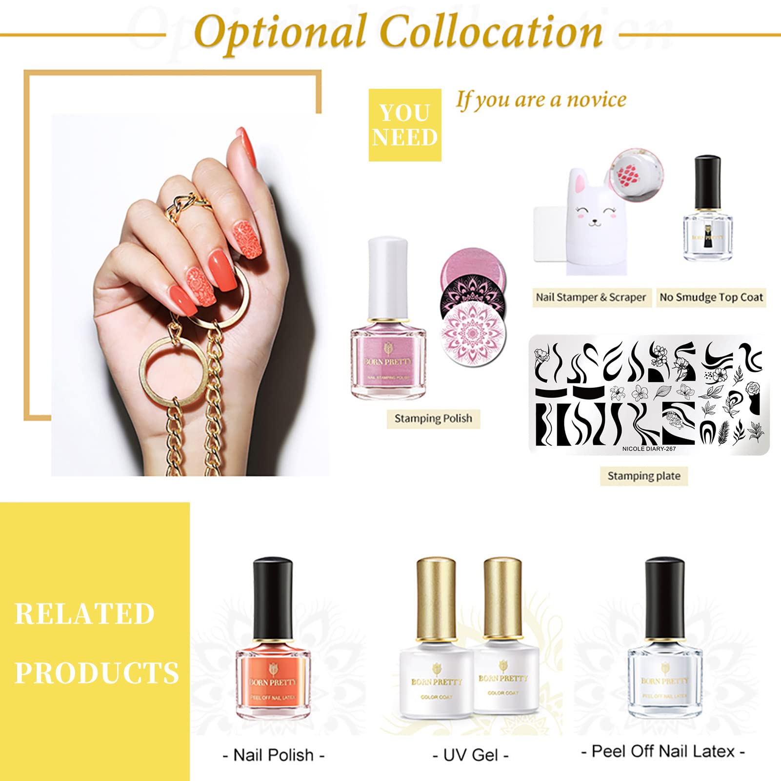 Born Pretty finished manicure with stamped flowers depicting polished salon-style results