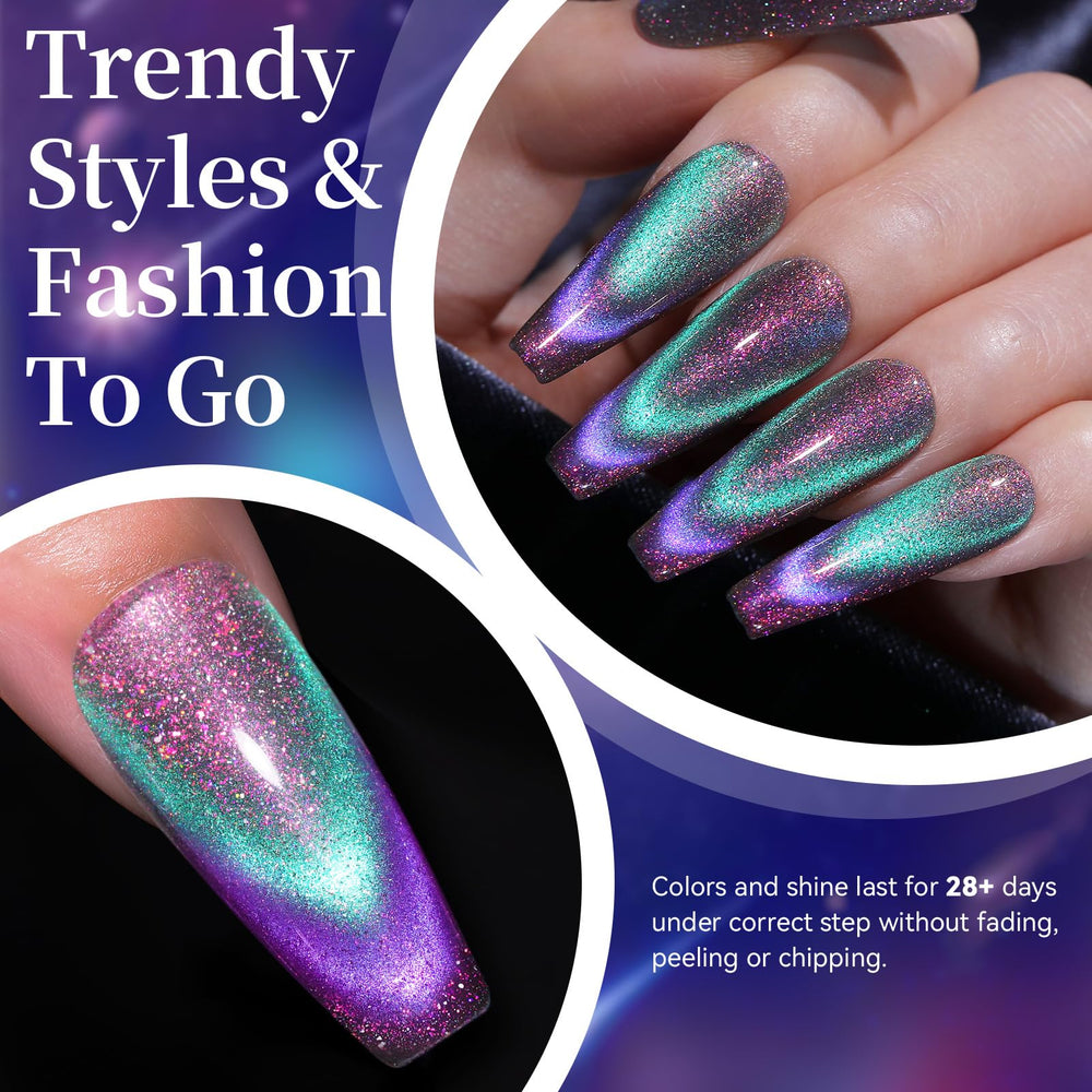 Born Pretty swatches on nail wheels showing purple-to-green color shift for shade choice