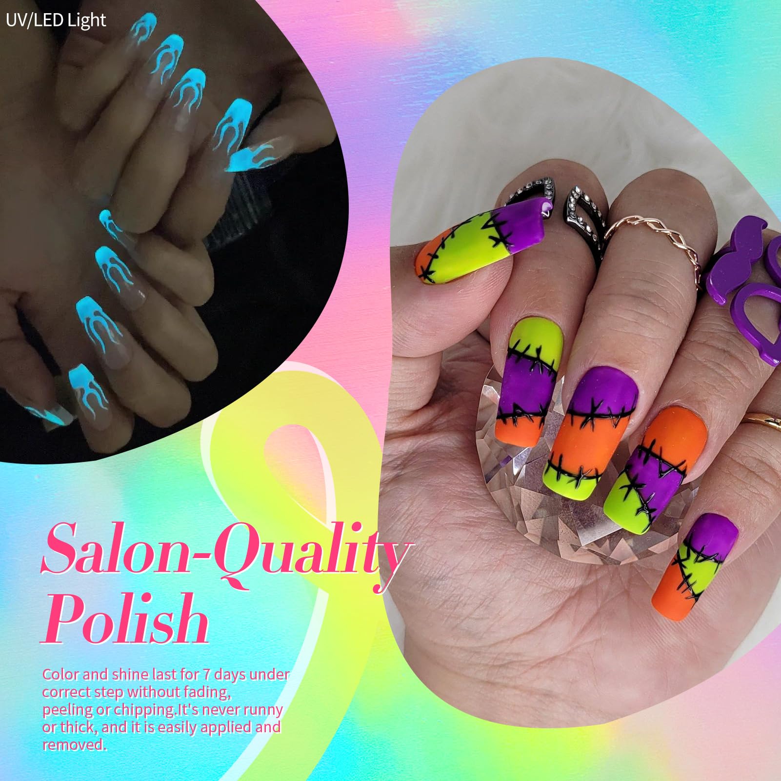 Born Pretty neon polish glowing under UV light to show fluorescent effect benefit