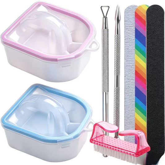 Borogo front view of two-pack soak bowls and included manicure tools showing kit benefits