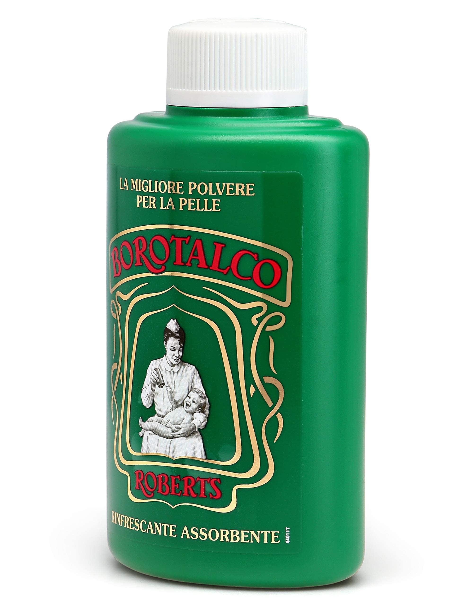 Borotalco jar open with visible fine powder for easy application
