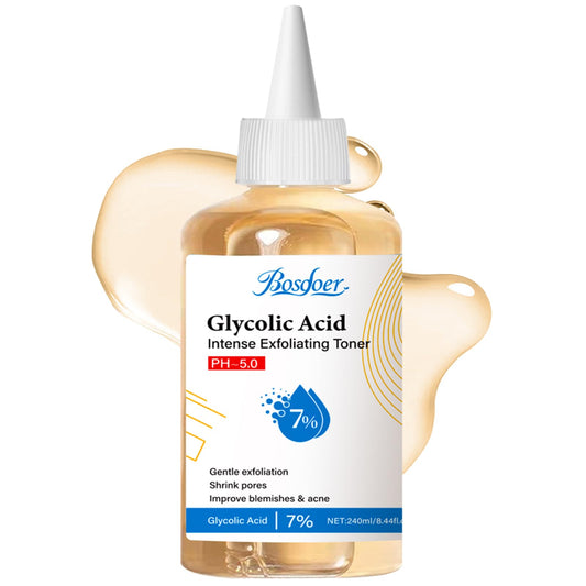 Bosdoer front label of 7% glycolic acid toner showing product benefit clarity