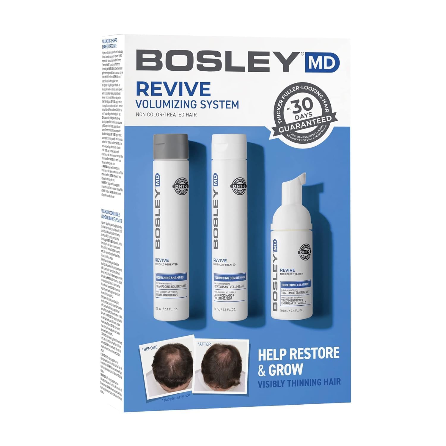 BosleyMD BOSRevive front packaging showing full three-step starter kit and benefits