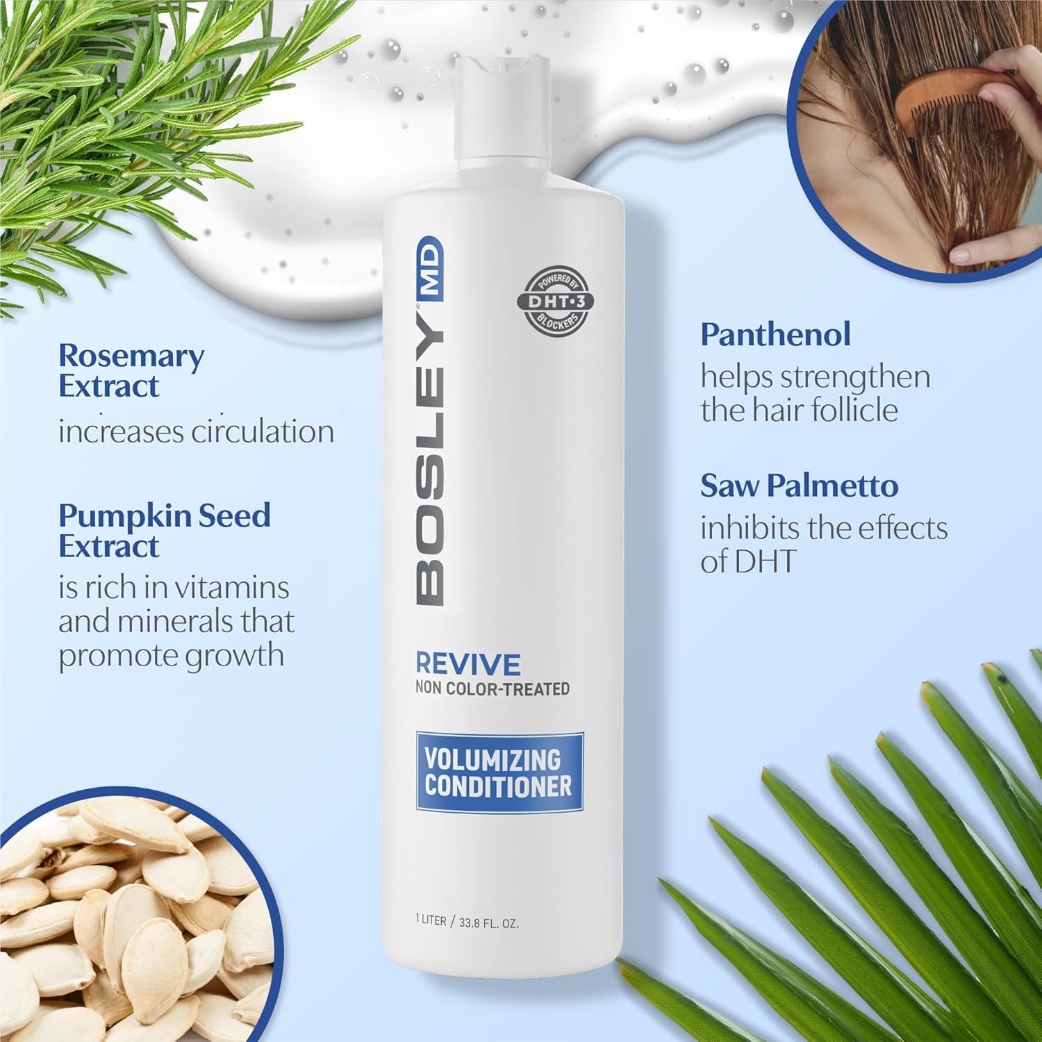 BosleyMD BosRevive ingredients flatlay with saw palmetto and biotin for strengthening benefit