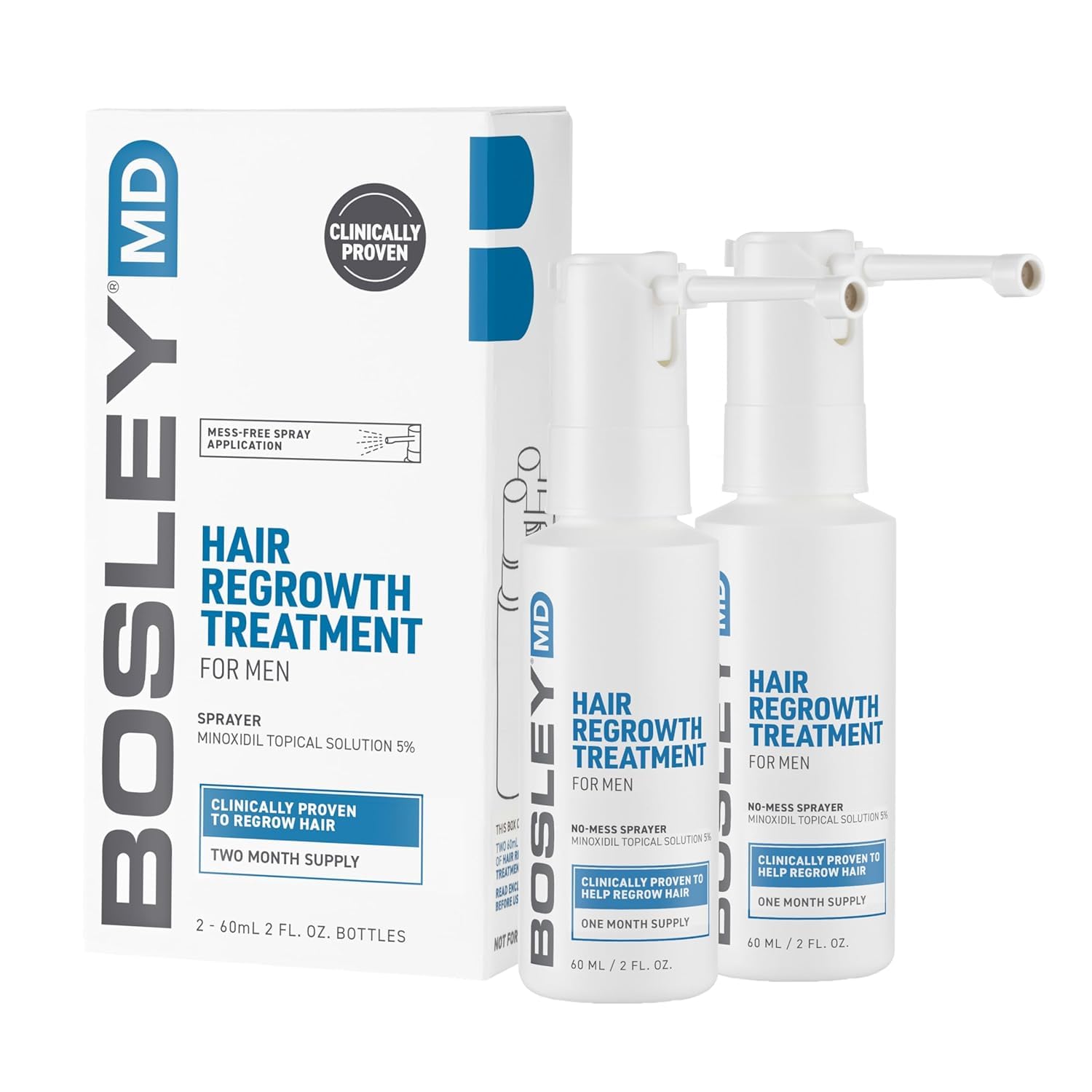 BosleyMD front packaging showing two 2 fl oz sprays and clear labeling for easy selection
