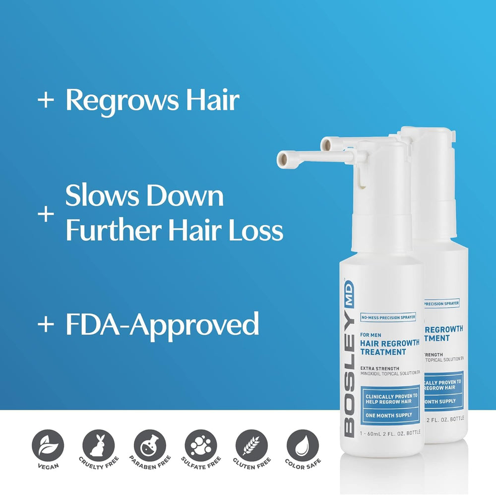 BosleyMD sprayer close-up highlighting no-mess mist applicator for precise, tidy use