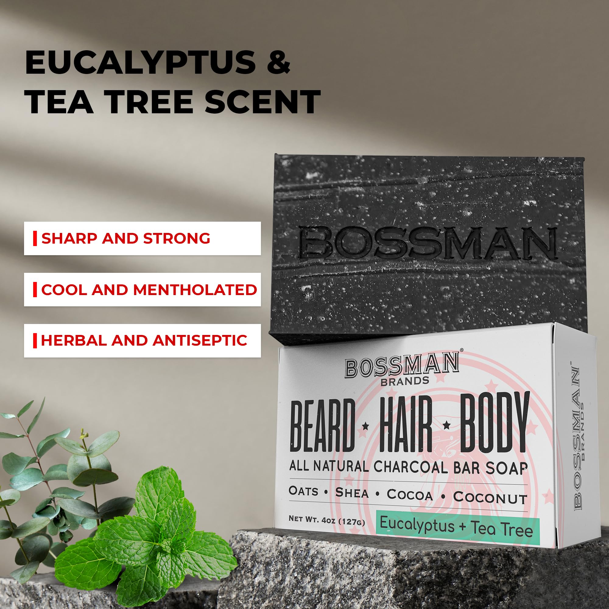 Bossman ingredient label highlighting natural oils and charcoal benefits
