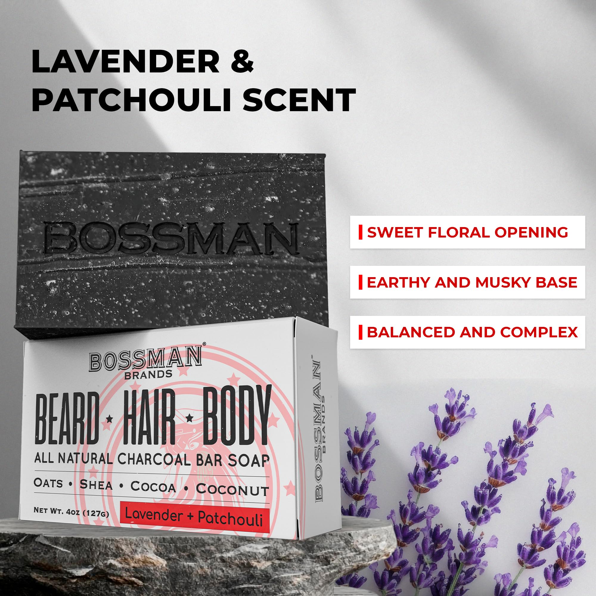 Bossman packaging label close-up highlighting natural ingredients and scent