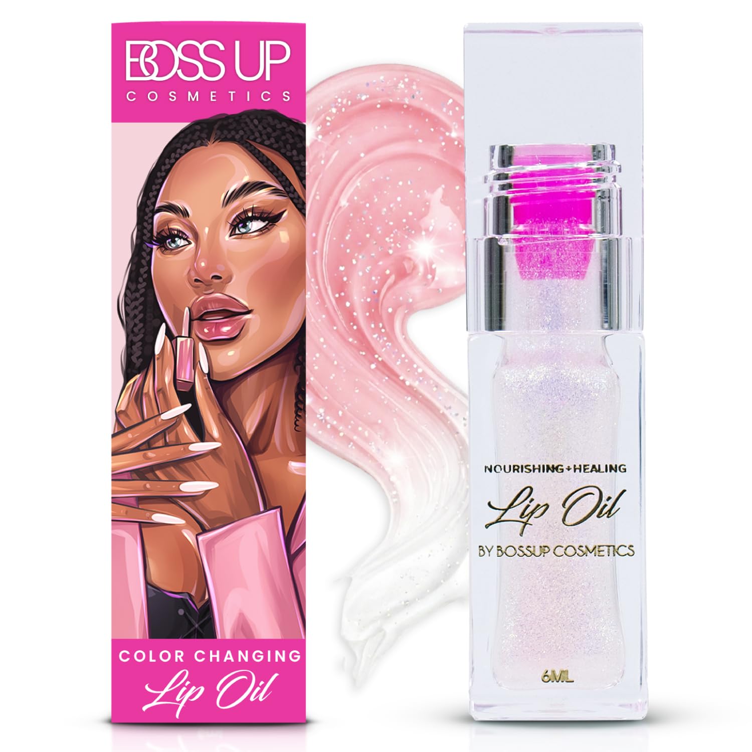 BossUp front packaging showing clear-to-pink transforming gloss and portability benefit