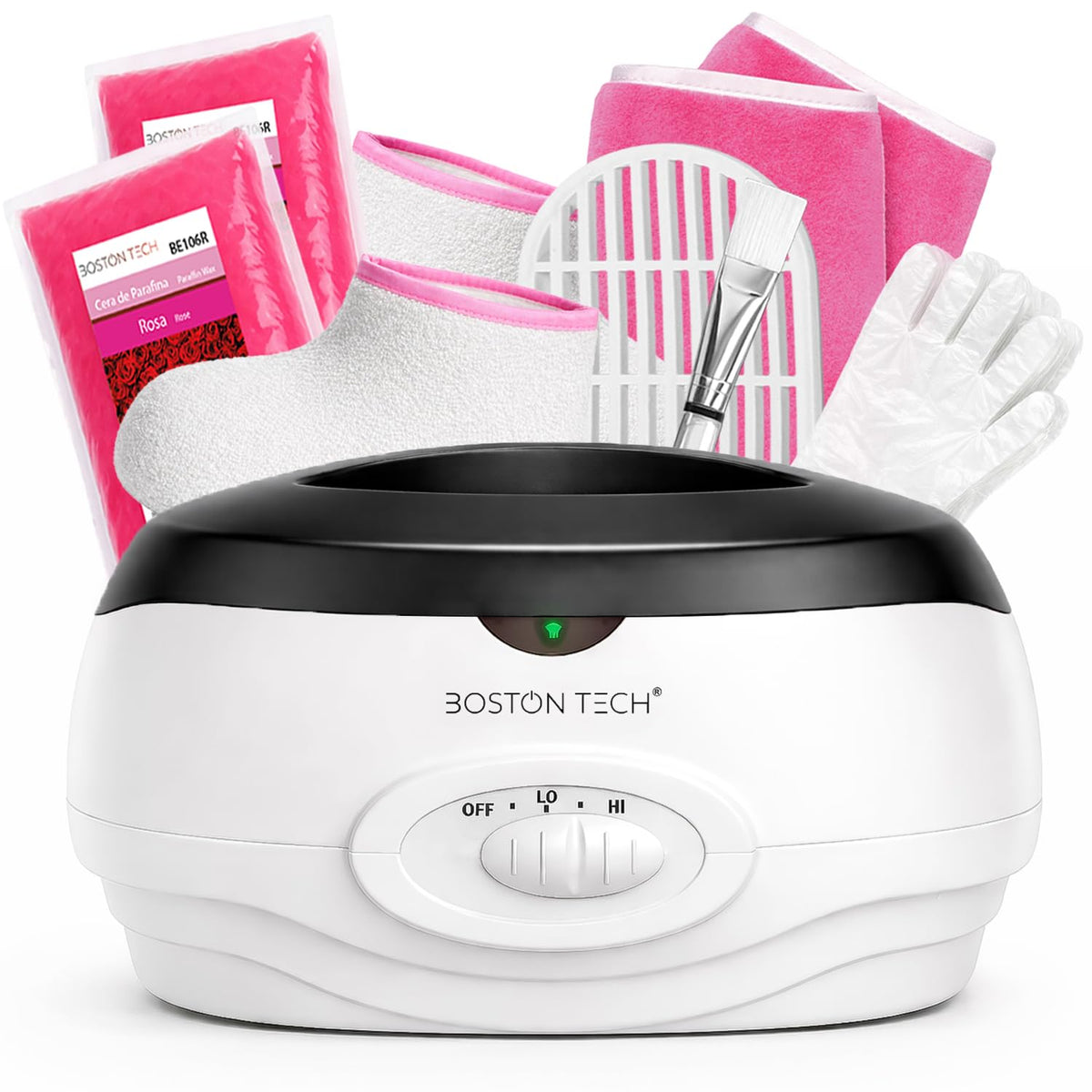 Boston Tech paraffin wax warmer front view showing basin and lid, clear setup benefit