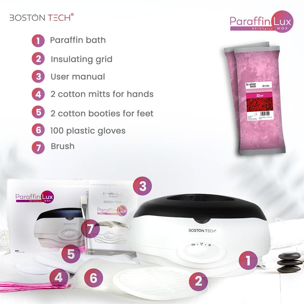 Boston Tech paraffin warmer beside a foot for size comparison, conveys roomy 3L capacity benefit