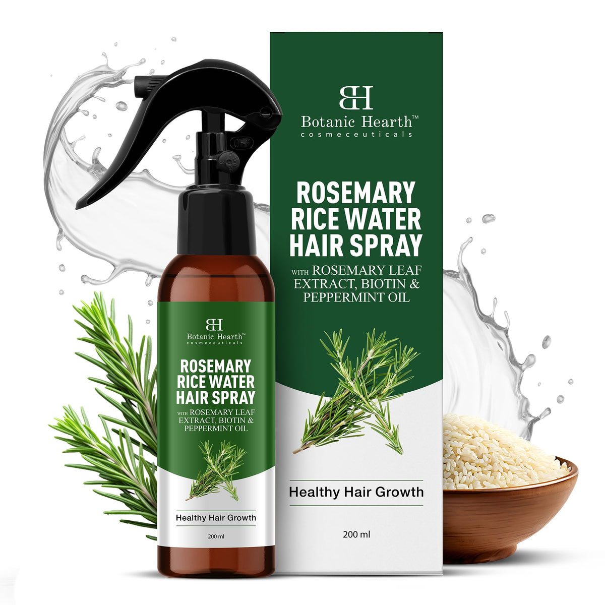 Botanic Hearth bottle front view showing rosemary rice water spray benefits