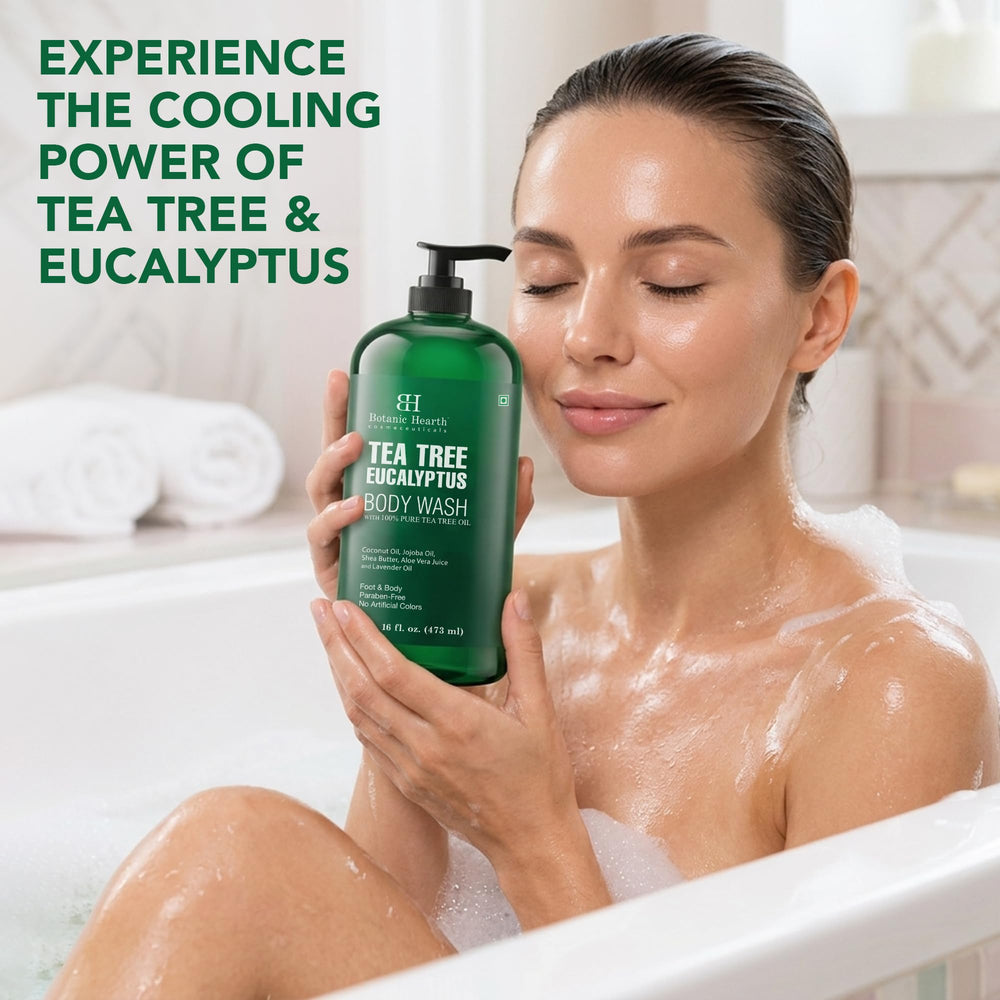 Botanic Hearth bottle staged in bathroom for a calming routine