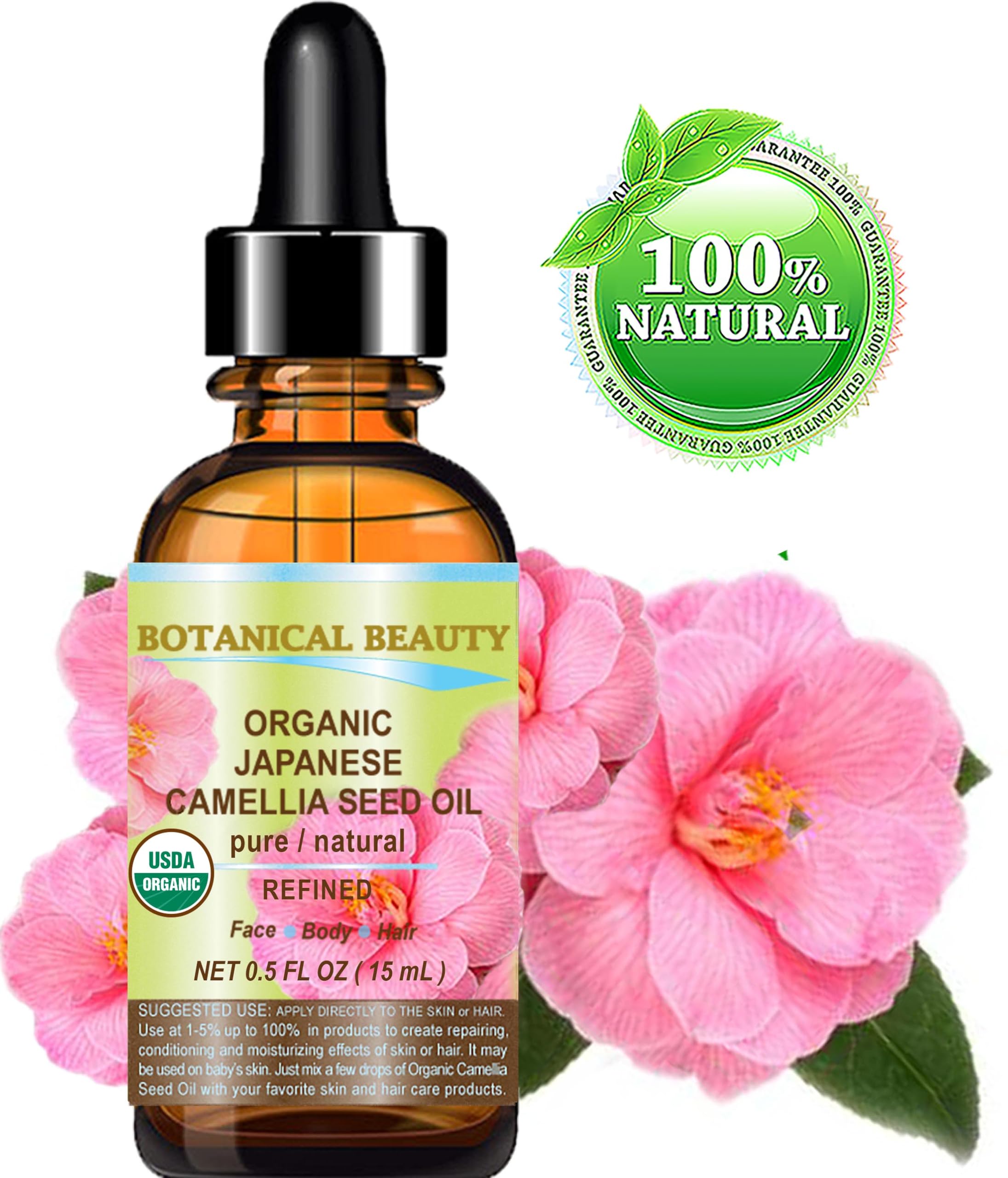 Botanical Beauty dropper dispensing camellia oil demonstrating easy precise use