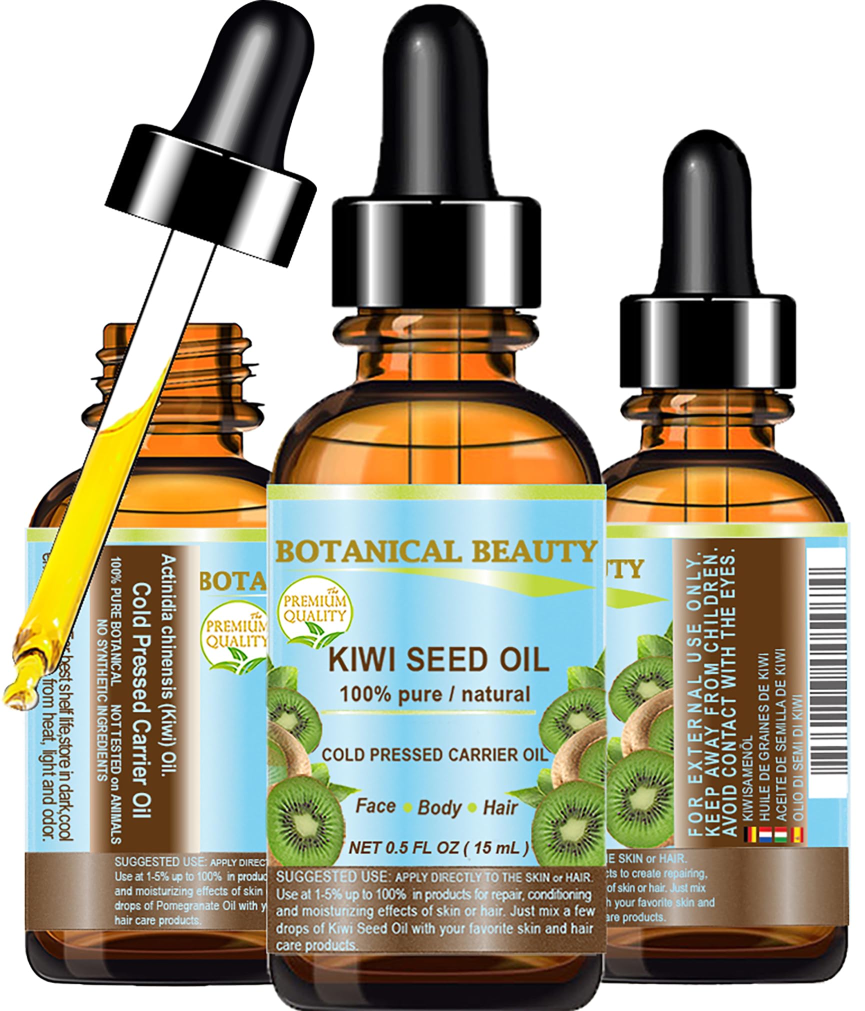 Botanical Beauty bottle front view showing pure kiwi seed oil packaging