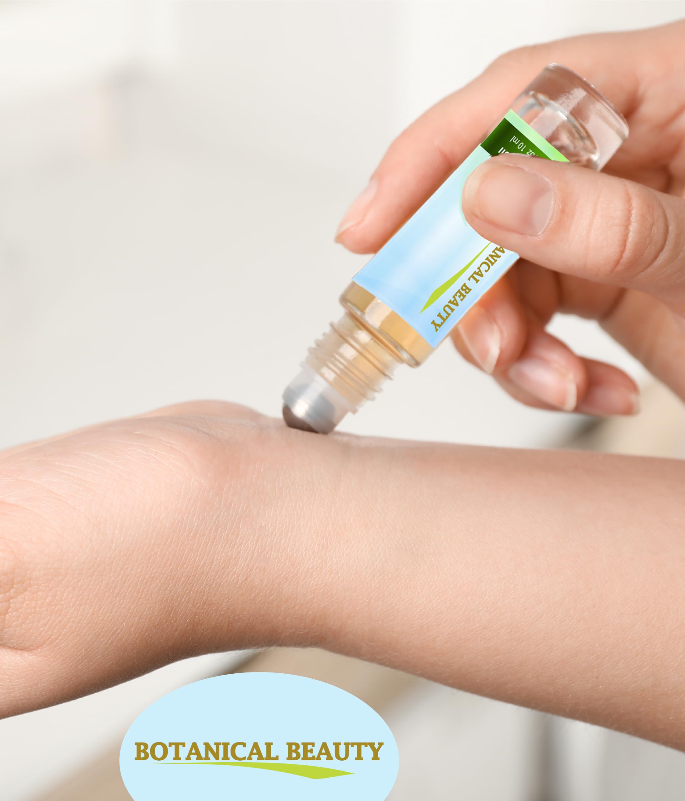 Botanical Beauty roll-on in hand to show 5 ml scale, convenient travel size