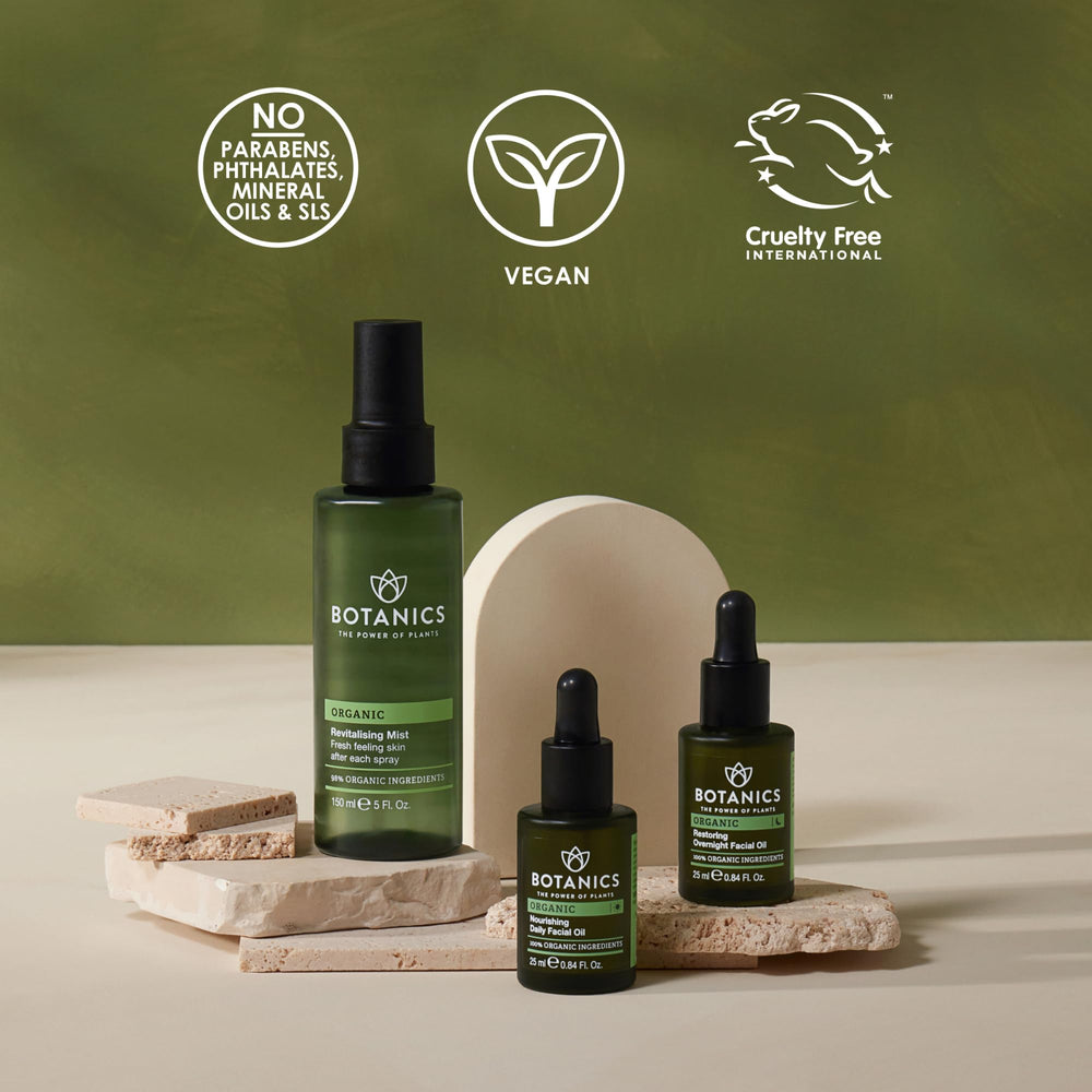 Botanics on bathroom vanity staged for daily skin refresh routine