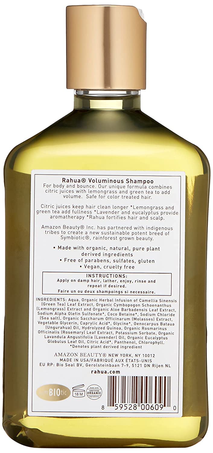 Rahua bottle next to hand showing size and sustainable packaging benefit