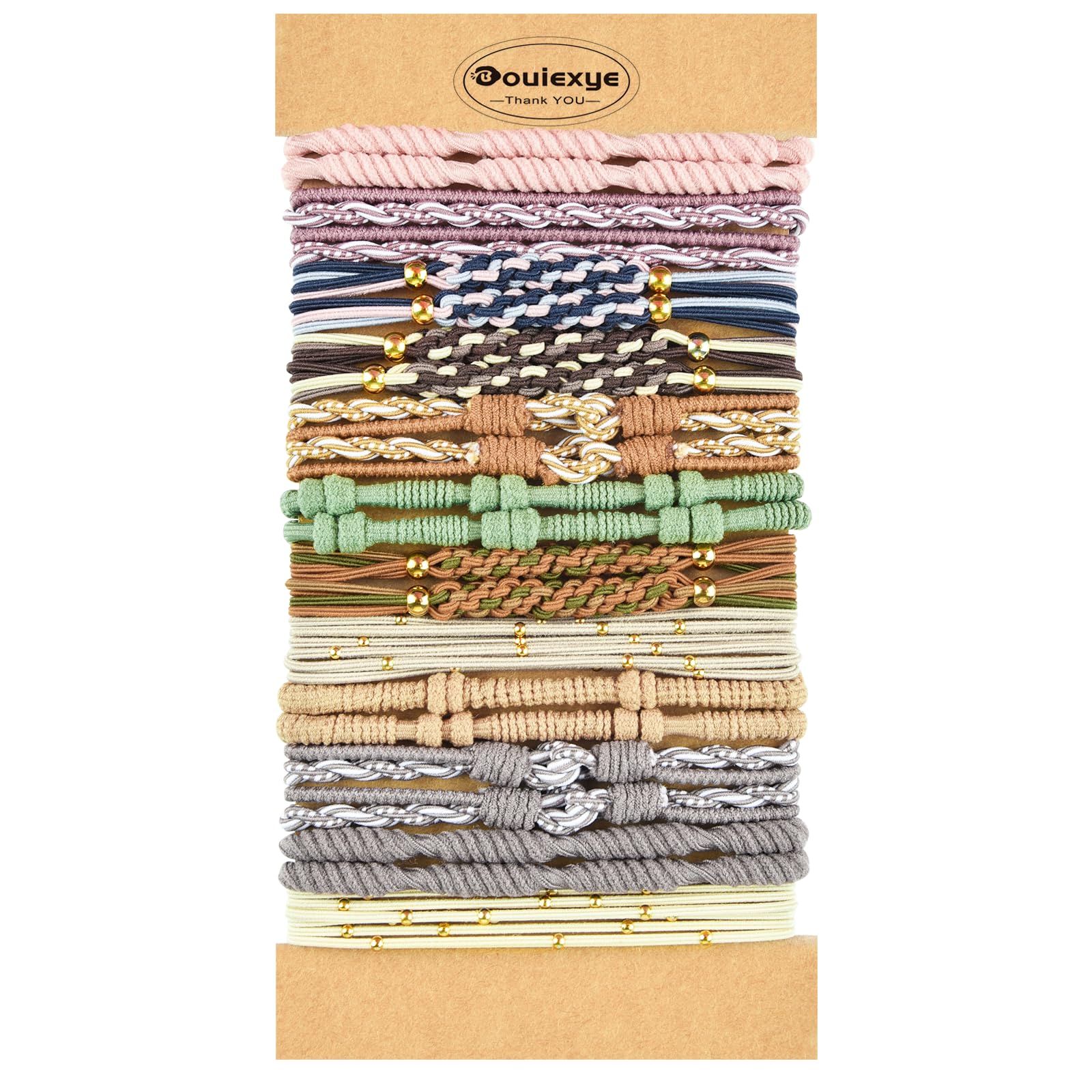 Bouiexye front packaging displaying 24 colorful boho hair ties and styles, ready to use