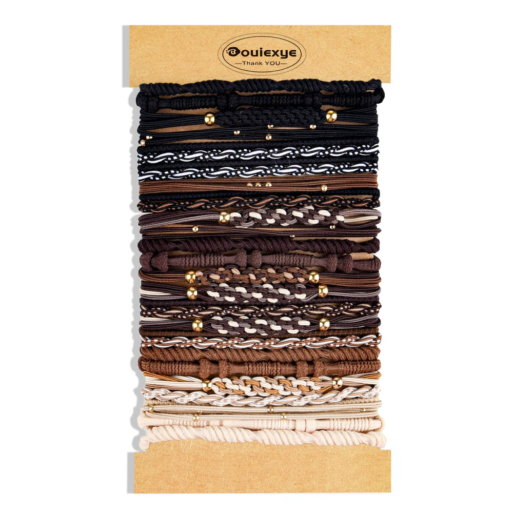 Bouiexye front packaging showing 24 multicolor hair ties and variety benefits