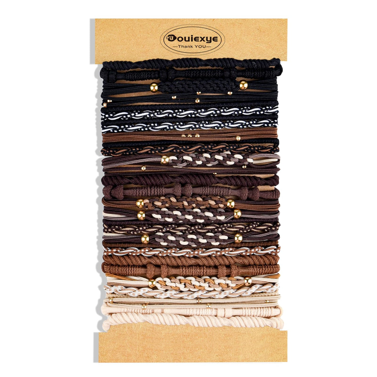 Bouiexye front packaging showing 24 multicolor hair ties and variety benefits