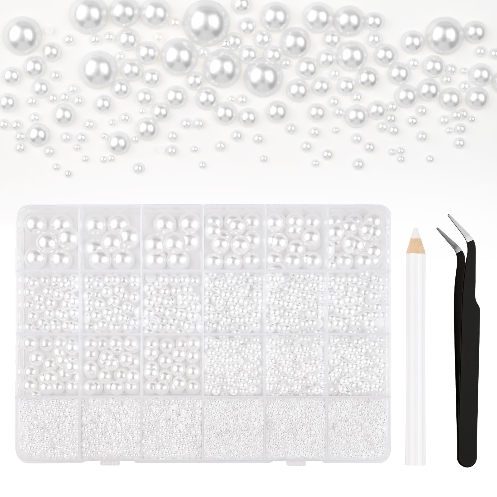 Bouiexye front view of 24-compartment box showing organized pearls and tools benefit organized crafting