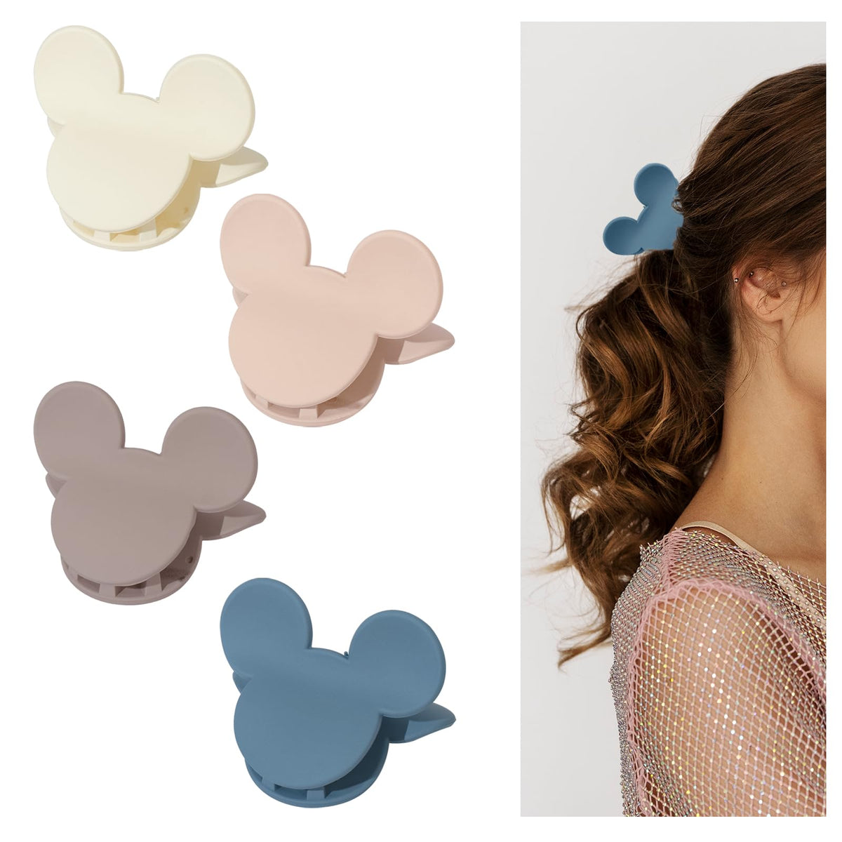 BOUNIQ front view of four matte mouse ear clips, shows colors and compact design