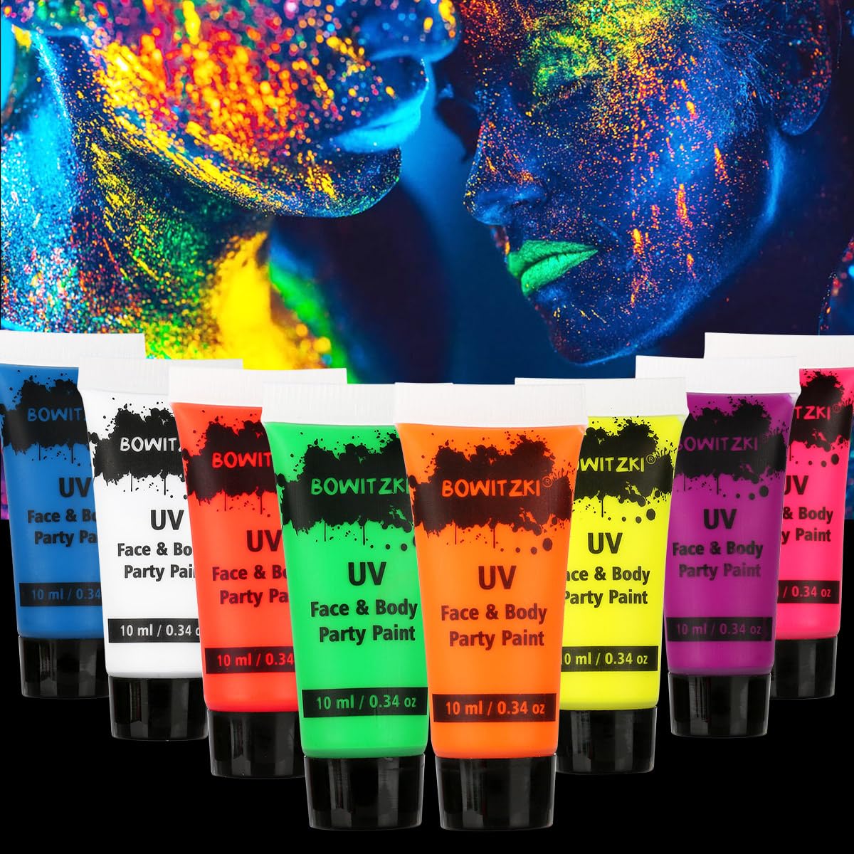 Bowitzki front packaging showing eight tubes and bright neon colors for easy event prep