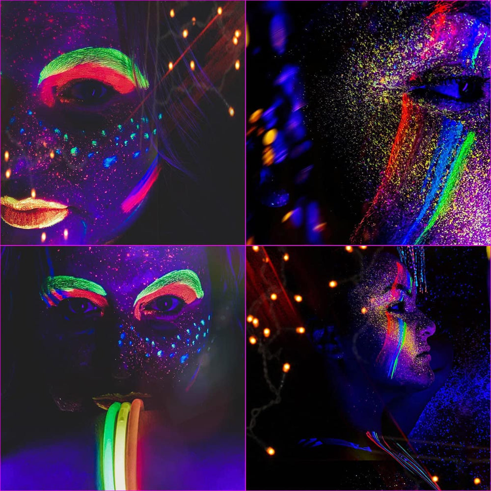 Bowitzki painted face under blacklight demonstrating vivid glow for festival looks