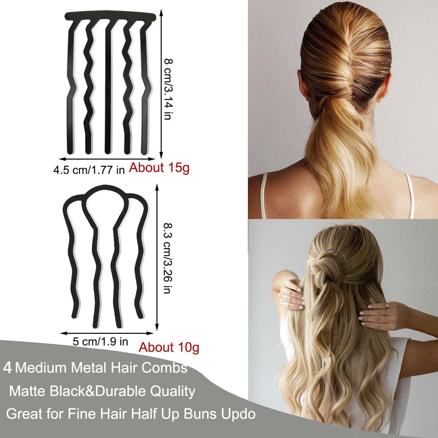 BOYIVI combs securing a French twist on model, demonstrating reliable hold and polished finish