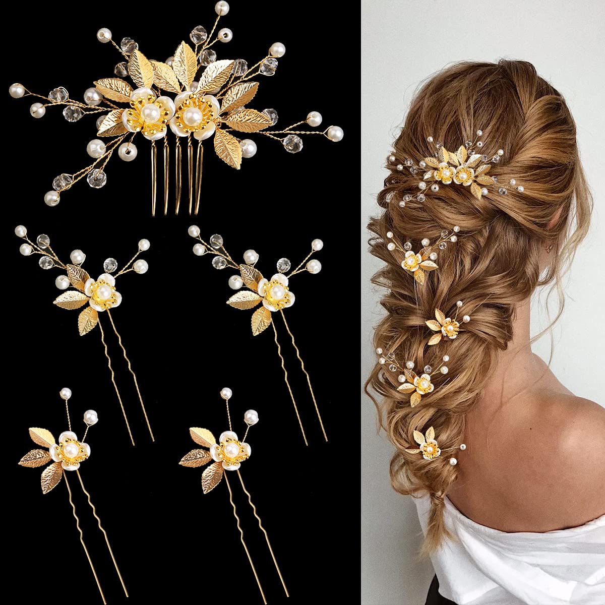 BOYIVI front arrangement showing comb and all four gold leaf pins, elegant sparkle