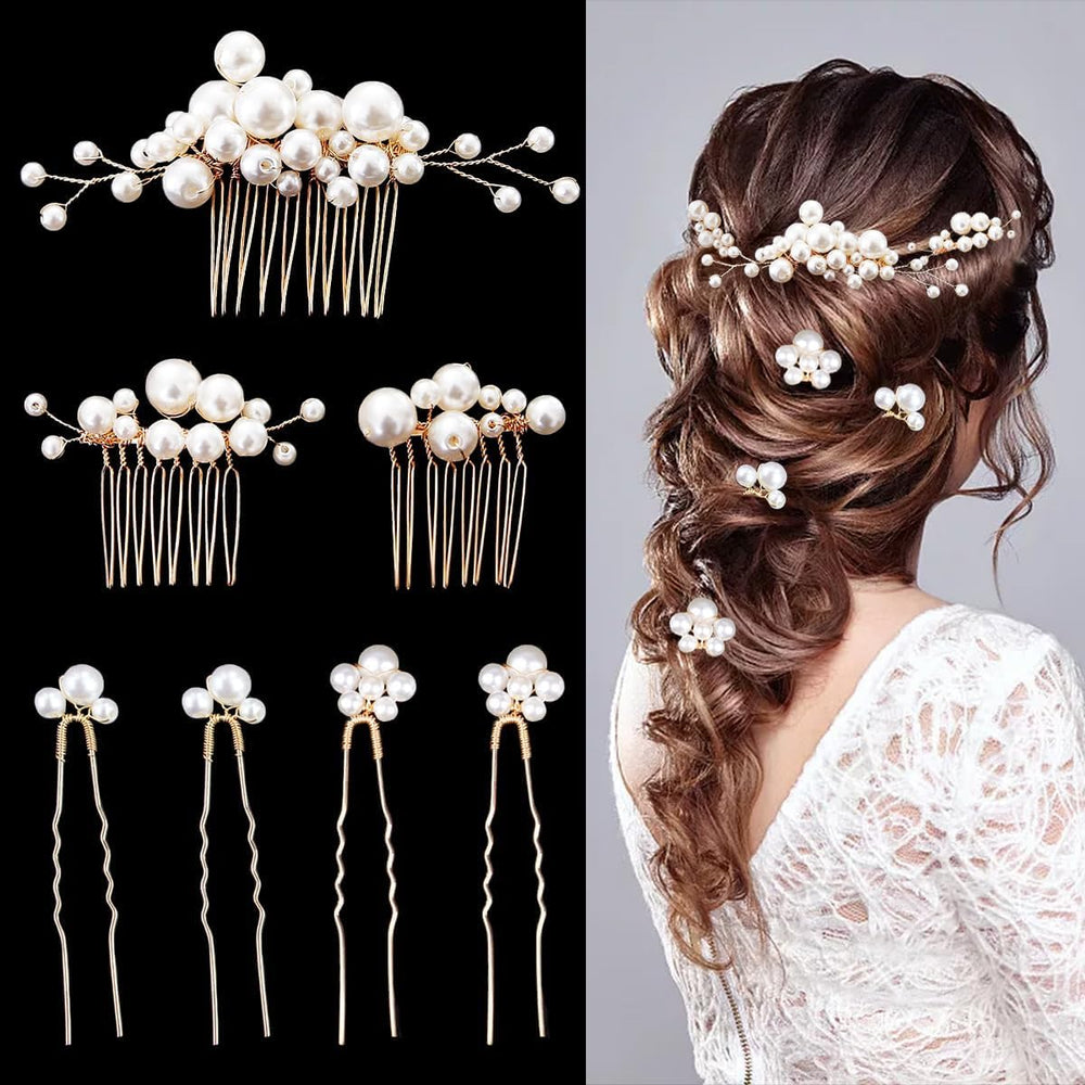 BOYIVI front view of seven-piece gold combs and pins showing elegant set benefit