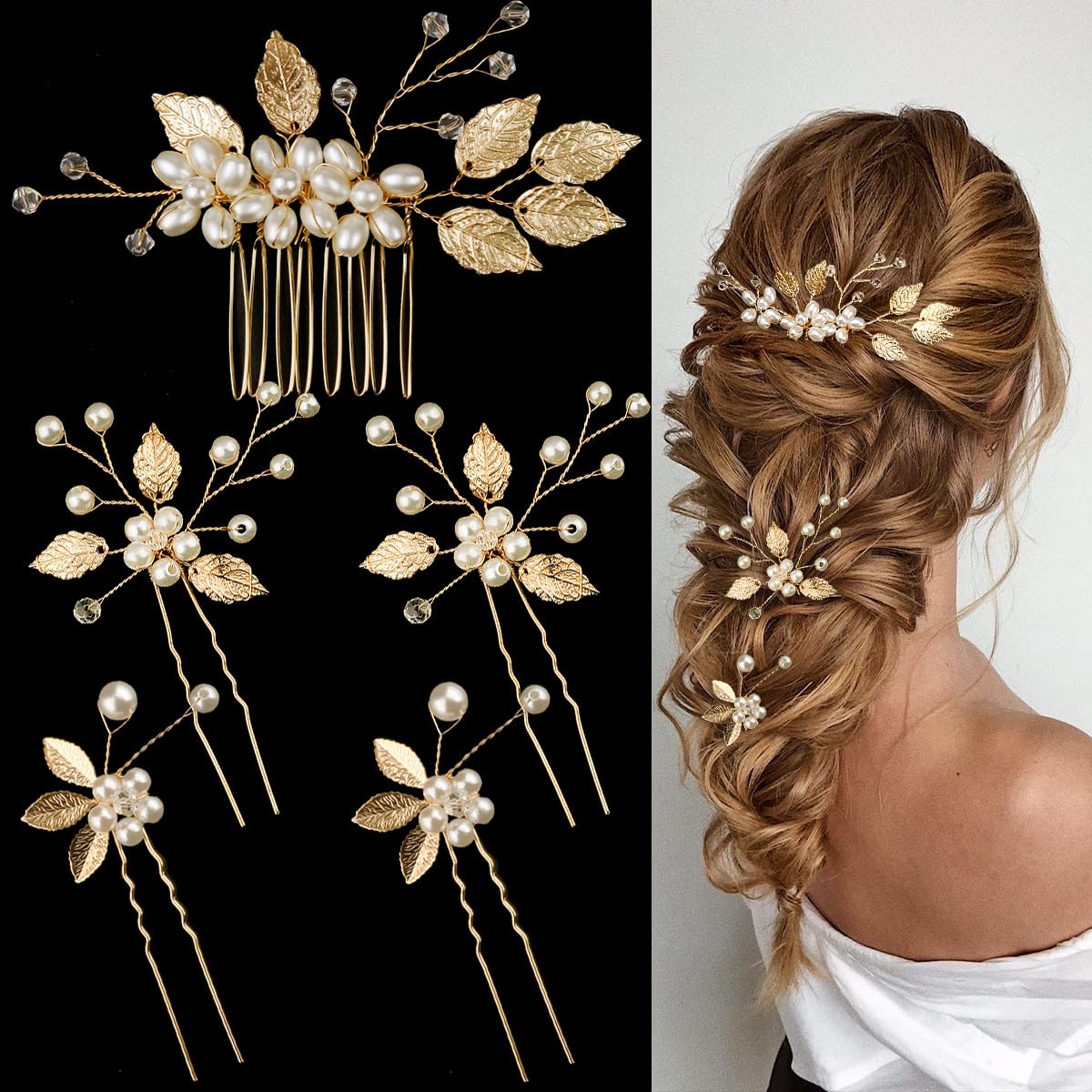BOYIVI front view of gold leaf comb showing elegant bridal hold