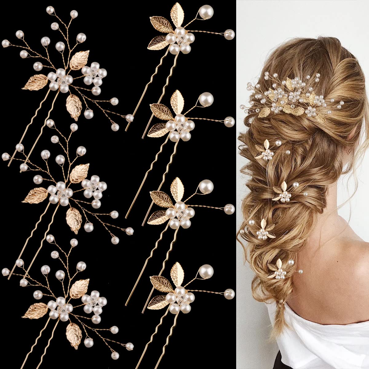 BOYIVI front view of seven gold leaf hair pins, elegant bridal detail benefit