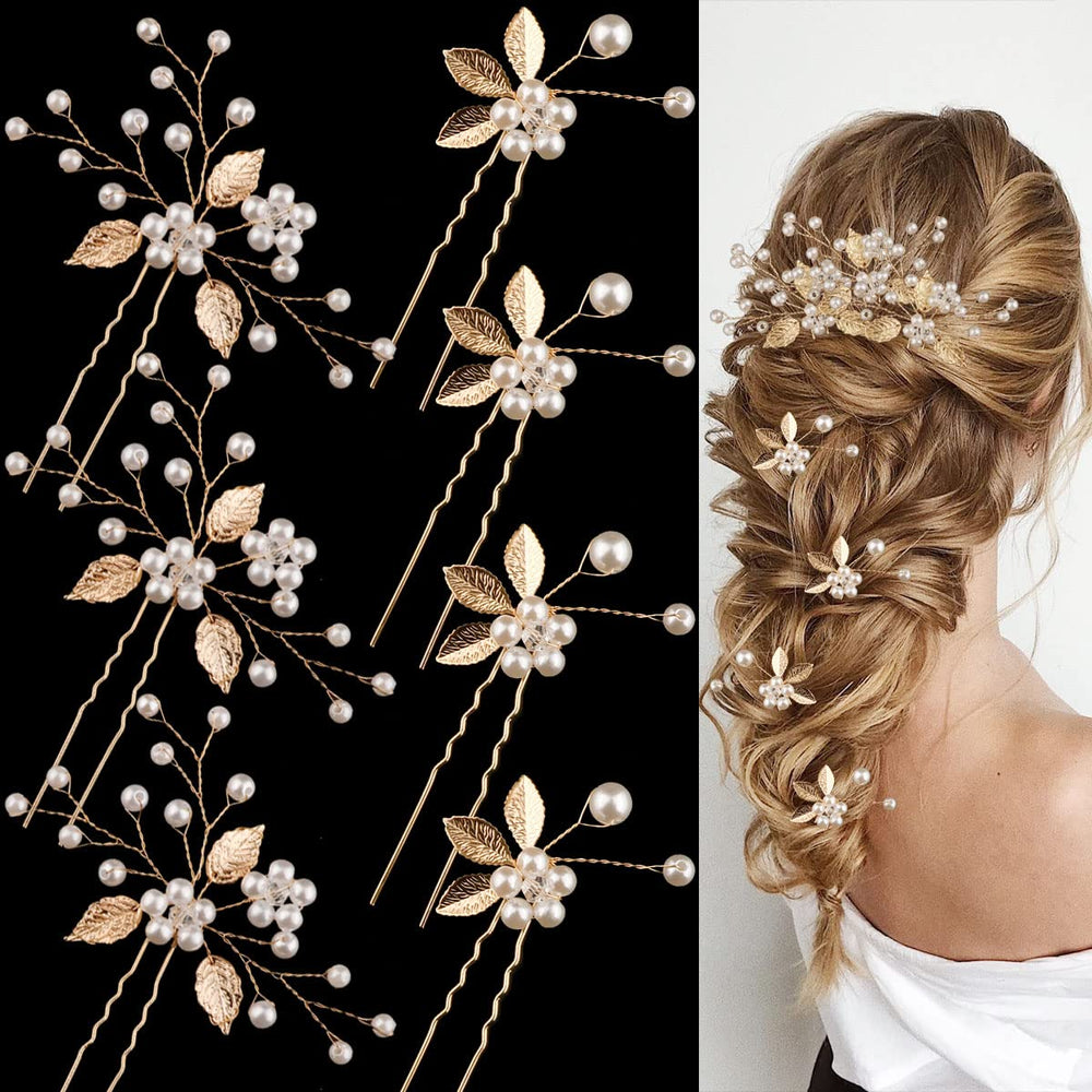 BOYIVI front view of seven gold leaf hair pins, elegant bridal detail benefit