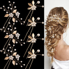 BOYIVI front view of seven gold leaf hair pins, elegant bridal detail benefit