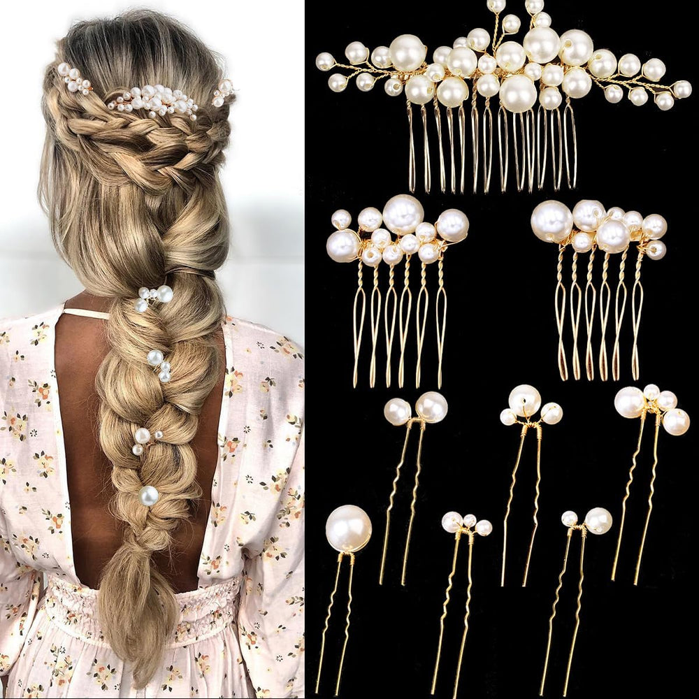 BOYIVI gold pearl set front view showing elegant bridal accessories and cohesive sparkle