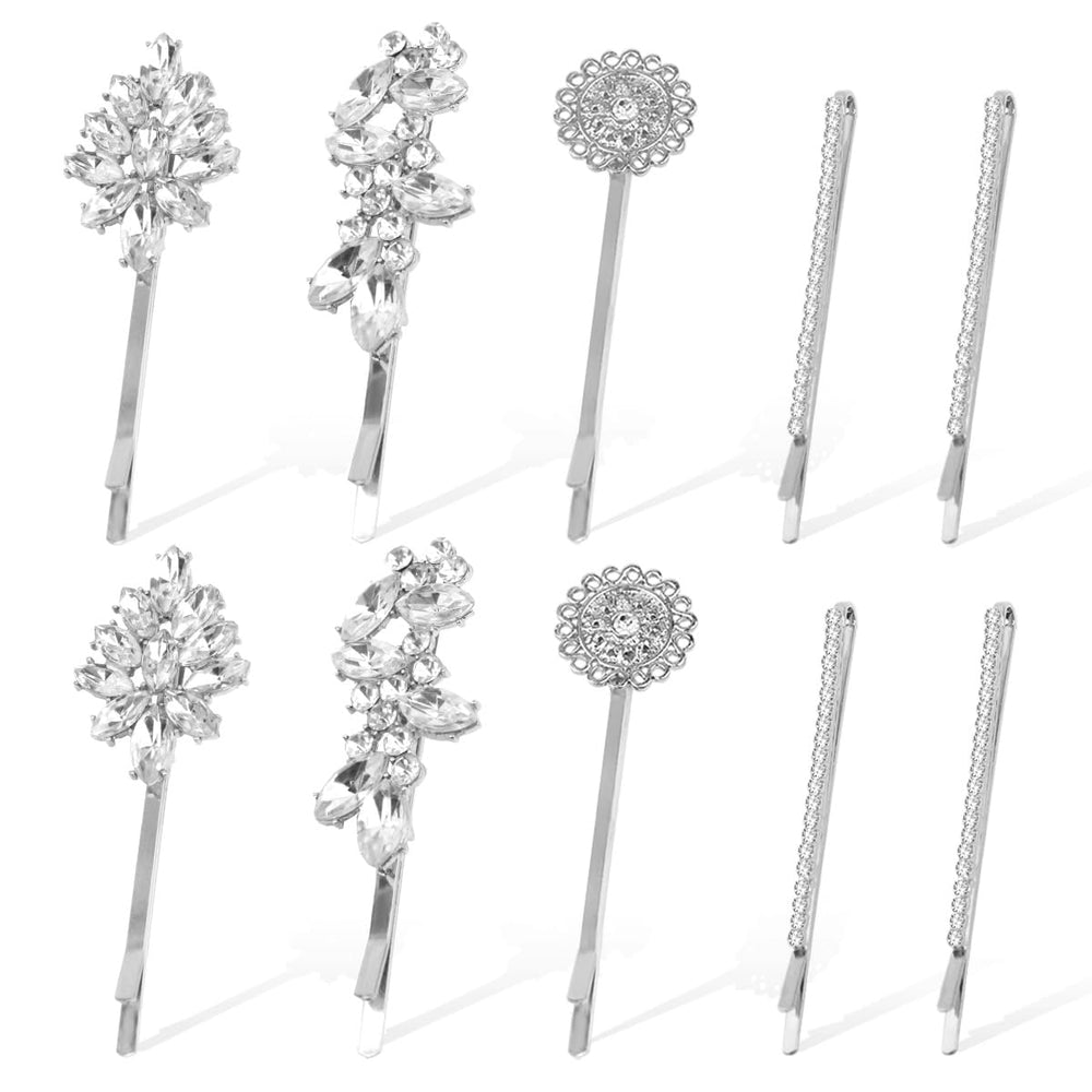 BOYIVI front view of silver rhinestone hair clips set, shows variety and styling options