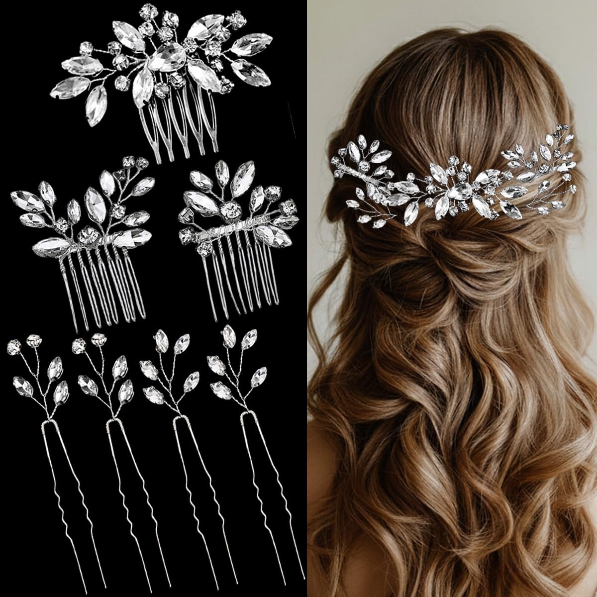 BOYIVI front view of seven-piece silver rhinestone bridal set showing contents and shine