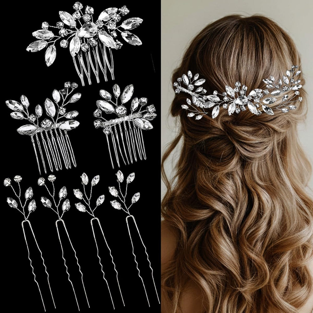 BOYIVI front view of seven-piece silver rhinestone bridal set showing contents and shine