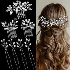 BOYIVI front view of seven-piece silver rhinestone bridal set showing contents and shine