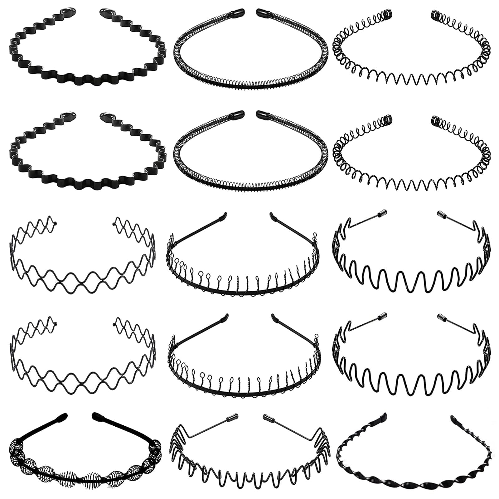 BOYIVI front view pack of 15 black metal headbands showing quantity and finish