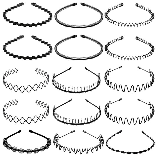 BOYIVI front view pack of 15 black metal headbands showing quantity and finish