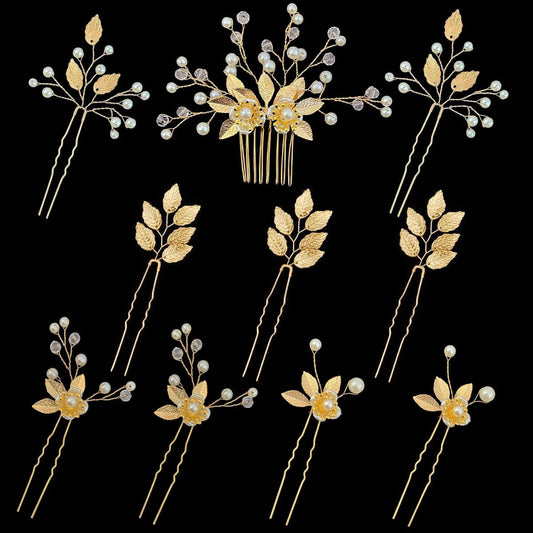 BOYIVI gold leaf hair pins front view showing elegant finish and easy styling