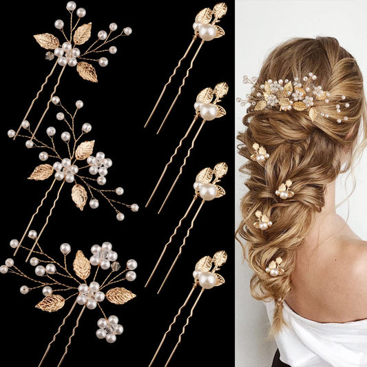 BOYIVI front view of seven gold leaf hair pins showing styling options